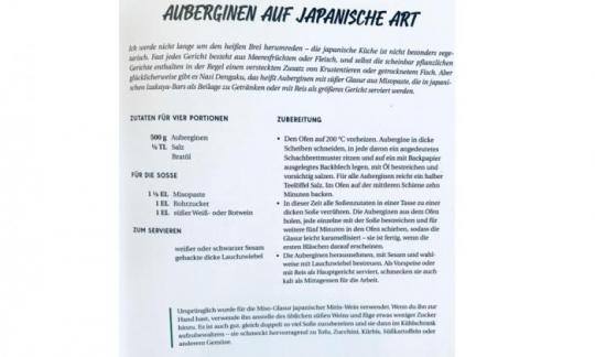 Recipe "Japanese-style eggplant with miso paste" from "Zurufantly vegan international", p. 97.
