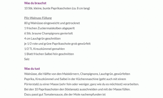 Rezept "Gefüllte Paprika mit Pilz-Walnuss-Füllung" aus dem Blog "Tilias Rohkostleben".