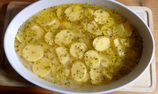 All ingredients in the dish before going into the oven.