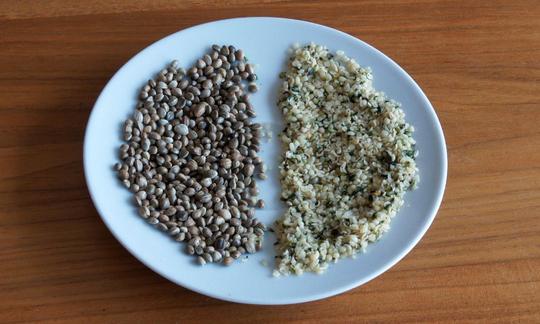 La imagen muestra un plato con semillas de cáñamo sin pelar (izquierda) y semillas de cáñamo peladas (derecha). Un piatto con semi di canapa non pelati (a sinistra) e semi di canapa pelati.