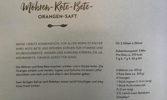 Recipe "Carrot-beetroot-orange juice" from "Taste of life", p. 116.