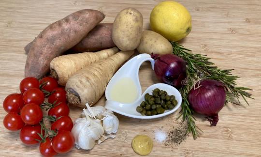 Foto bereitgestellter Zutaten für das "Ofengemüse mit Kapernvinaigrette".