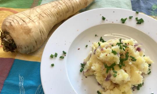 Picture of the prepared "parsnip-potato puree" with a parsnip next to the plate.