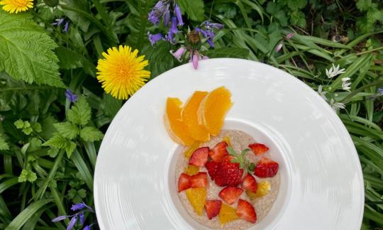 Erb-Pudding zum Abnehmen mit Erdbeeren, Banane und Orange.