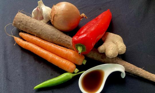 Image of ingredients provided for the "Yam vegetables with pepper, carrot, chili and ginger".