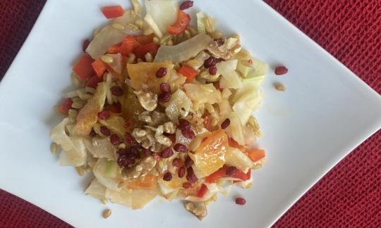 Картинка рецепта готового «Камуцалата с фенхелем и барбарисом» на белой тарелке.