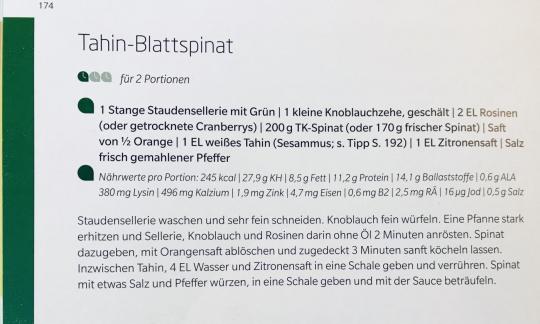 Rezept "Tahin-Blattspinat" aus dem Buch "Vegan-Klischee ade! Das Kochbuch", Seite 174.