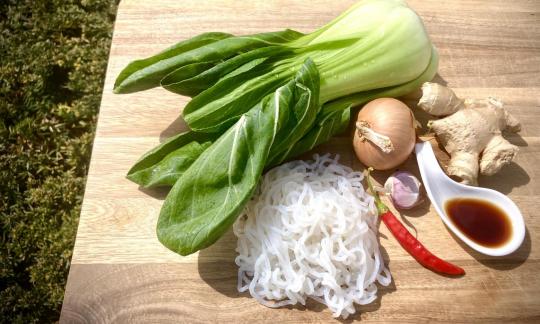 Image of provided ingredients for "low calorie Asian Shirataki noodles with pak choy".