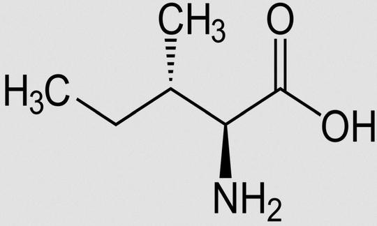 Structure of L-isoleucine. D-isoleucine is mirror-inverted and mostly manufactured industrially.