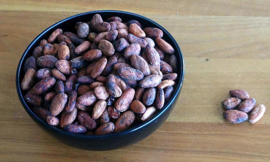 Raw cocoa beans with skin in a black bowl. Ground, they serve as a raw material for chocolate etc.