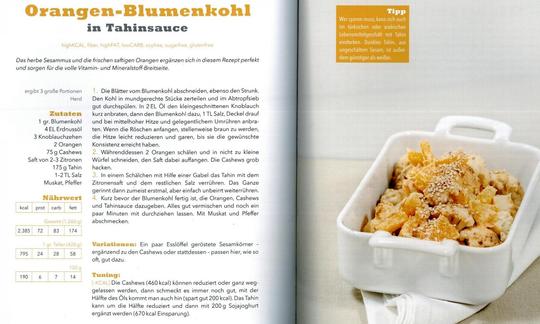 Original Rezepttext "Orangen-Blumenkohl in Tahinsauce" aus dem Buch: "Kick it vegan!" Seite 210.