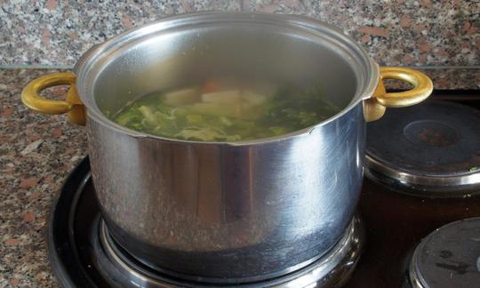 Brodo di verdure a fuoco basso in una pentola.