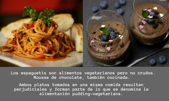 El pudín vegetariano a menudo come alimentos como espagueti, mousse de chocolate - poco saludable. El pudín vegetariano a menudo come alimentos como espagueti, mousse de chocolate - poco saludable.