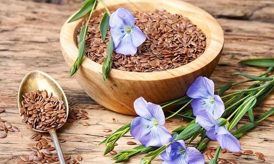 Brown flax seeds in a wooden bowl, flax flower on the right: Linum usitatissimum.