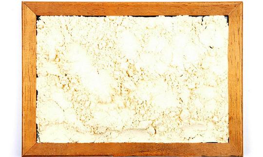 Farina di lupino - Lupinus albus - distribuita in una cornice di legno. Vedi anche la prossima foto.