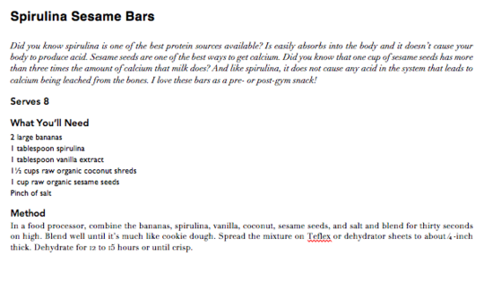 Recipe “Spirulina Sesame Bars” from the cookbook “Raw and Radiant” by Summer Sanders, p. 179