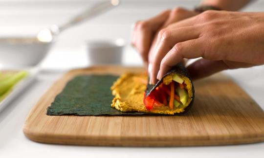 Preparation: step 2 of 3 for Nori Rolls with Ginger Almond Paste and Raw Vegetables from the cookbook “Choosing Raw”, p. 229