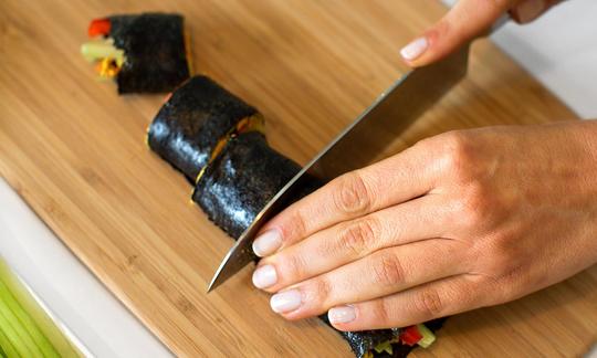 Preparation: step 3 of 3 for Nori Rolls with Ginger Almond Paste and Raw Vegetables from the cookbook “Choosing Raw”, p. 229