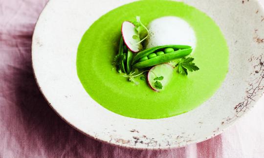 Pea and Herb Soup with Almond Foam from “Plants Taste Better” by R. Buckley, p. 45