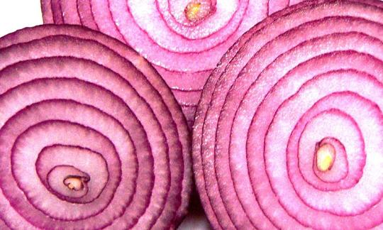 Onion, raw - Allium cepa: Sliced onions with red meat. Onion, raw - Allium cepa: Sliced onions with red meat.