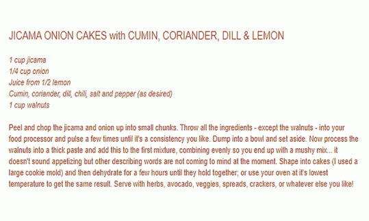 Recipe (English) "Jicama Onion Patties" from the blog "This Rawsome Vegan Life".