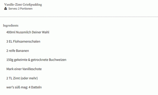 Ingredients list for "Vanilla-Cinnamon Semolina Pudding" from "Vminh - Smile & Shine" (viet-minh.de)