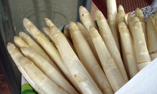 Espárragos blancos crudos (Asparagus officinalis) en una canasta blanca. Espárragos blancos crudos (Asparagus officinalis) en una canasta blanca.