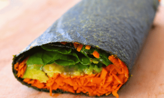 Raw vegan spinach wrap with avocado and chia seeds from Julia Rawsome - nice with raw food.