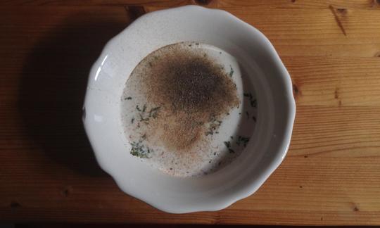 Soy cream with spices and rosemary just before whisking for the "sweet potato gratin with rosemary and soy cream".