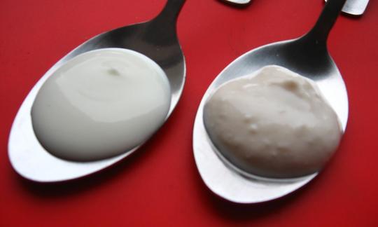 “A spoonful of dairy yogurt (left) and soy yogurt (right), side by side against a red background”