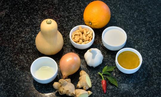 Ingredients for "Fiery Butternut Squash Soup with Ginger and Coconut Milk" — without appliances