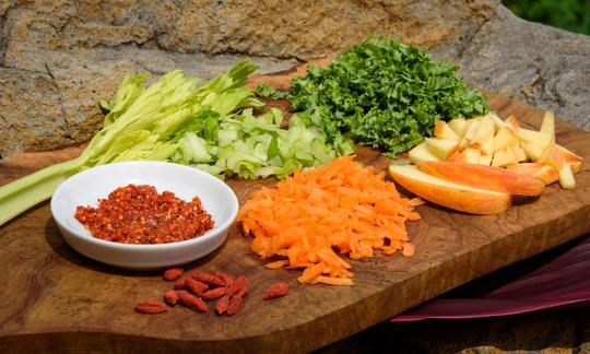 Prepared ingredients for Apple Slaw with Gogi Berry Dressing from “Vegan for Her,” pp. 256–57