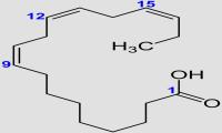 Fórmula estructural del ácido alfa-linolénico, un ácido graso omega 3 con 18 átomos de carbono y tres dobles enlaces (18:3).