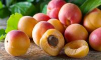 Some apricots lying on wood, cut open in the foreground, some leaves behind.