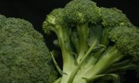 Close-up of broccoli (Brassica oleracea var. Italica) on black background.