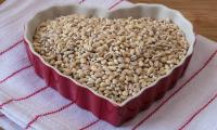 Hulled barley in a heart-shaped porcelain dish that is in the middle of a kitchen towel.