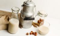 Hazelnut milk in bucket, carafe and drinking glass and hazelnuts lying freely.