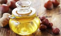 Hazelnut Oil - Corylus spp. - in a glass carafe, surrounded by hazelnuts and the cone.