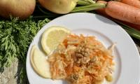 Recipe picture of the prepared "quick, healthy, oil-free carrot salad", including walnuts.