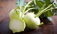 Zwei Kohlrabi frisch geerntet plus eine aufgeschnittene. - Brassica oleracea (Gongylodes Group)