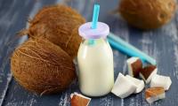 Kokosmilch ist Fruchtfleisch mit Wasser püriert, hier in Flasche, daneben Kokosnuss und Stücke.