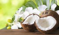 Кокосовая мякоть, сырая - Cocos nucifera - в двух половинах кокосового ореха. На заднем плане цветы.