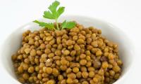 Lentils (kitchen lentils, Erve) cooked, without salt in white ceramic bowl.