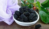 Black mulberry raw (Morus nigra) in white ceramic bowl.