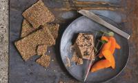 Mushroom Pâté. Apricots. Mustard Herb Crackers. (Pilz-Paté. Aprikosen. Senf-Kräuter-Cracker) from the cookbook “Plant Food,” page 111