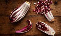 Red radicchio di Treviso, whole and cut on wooden table - Cichorium intybus var. Foliosum.