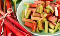 Rhubarb fresh from the market, cut into plates on the right.