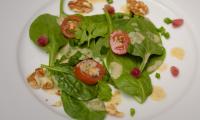 Ensalada con aliño de nueces y zumo sin aceites servida en un plato.