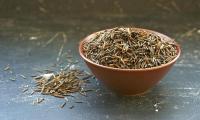 Black wild rice (water rice), raw - Zizania spp. in red-brown ceramic bowl.