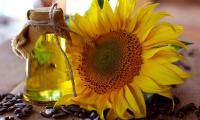 Sonnenblumenöl und eine Sonnenblume als Blüte. Leider enthält das Öl ca. 65 % ungesunde Linolsäure.